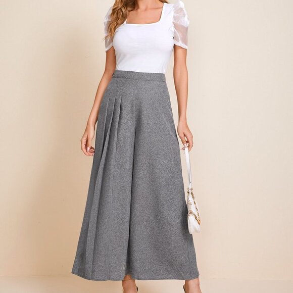 Grey Casual Womens Fold Pleated Detail Wide Leg Pants - Picture 4 of 5